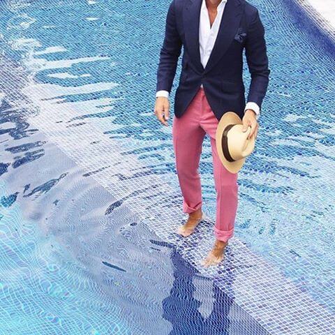 Dark blue suit with pink chino