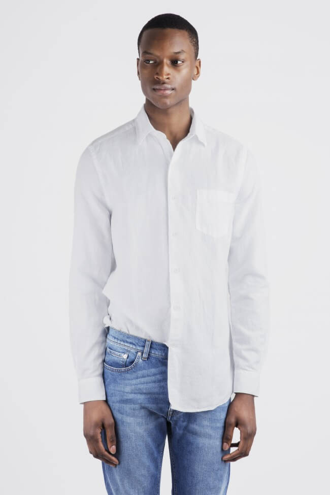 Men dressed in white linen shirt paired with denim jeans.