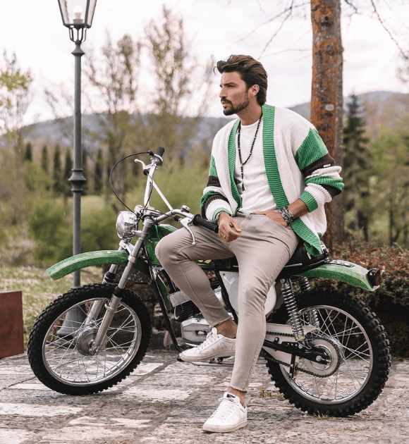 Gentlemen in a green pattern jacket and motorbike