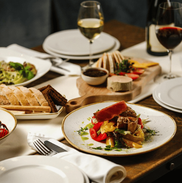Food in the table with wine