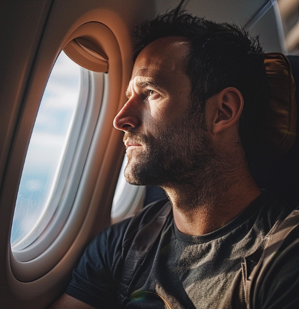 Man in a window of the plane