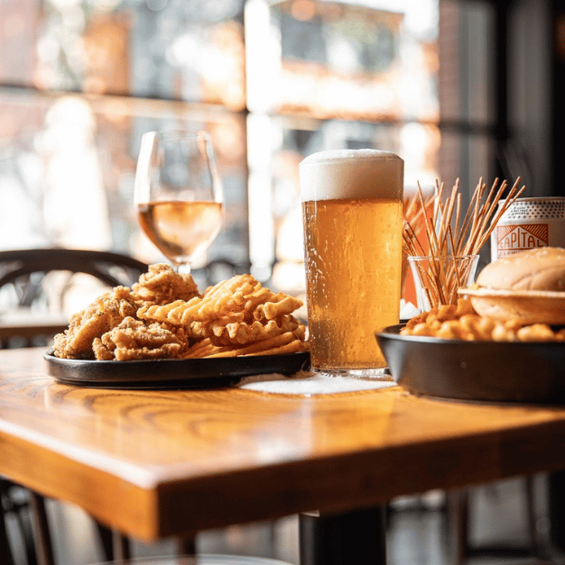Food and beer on a glass
