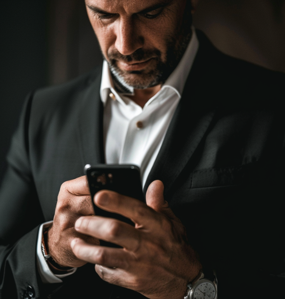 Man in suit holding a phone