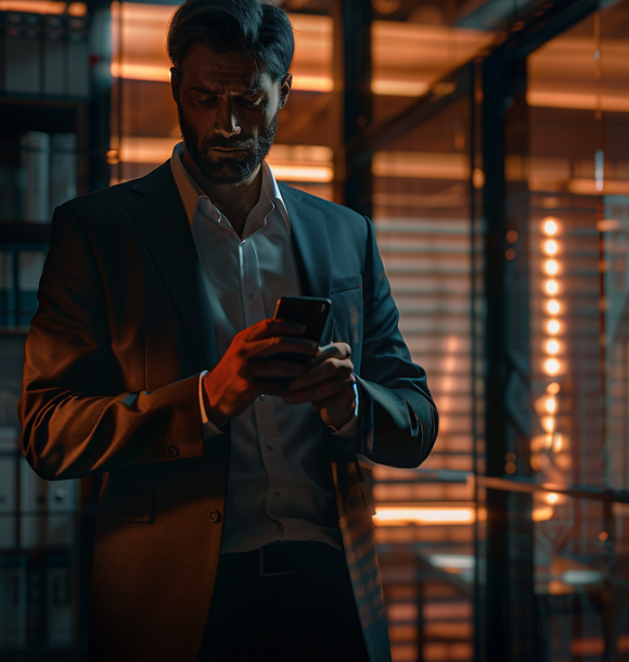 man holding phone in workplace