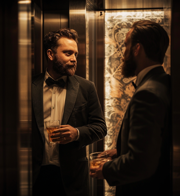 Men in elevator Keep Conversations 