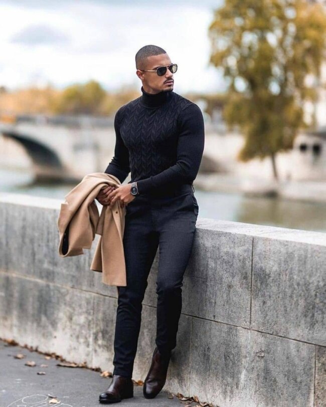 A sophisticated outfit featuring a black turtleneck.