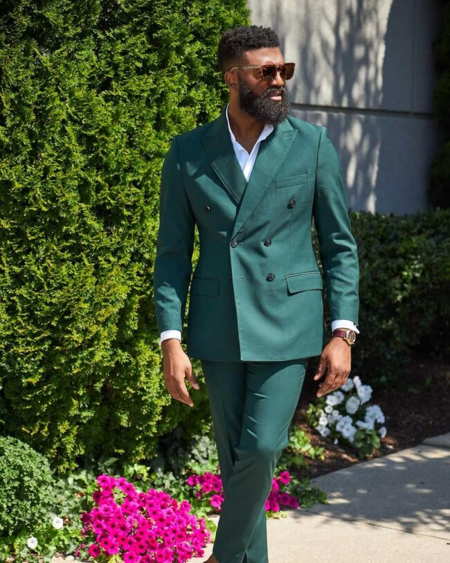 Bold colored suit offering a lively look. 