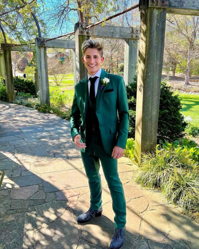 Perfect prom look with bright green suit. 