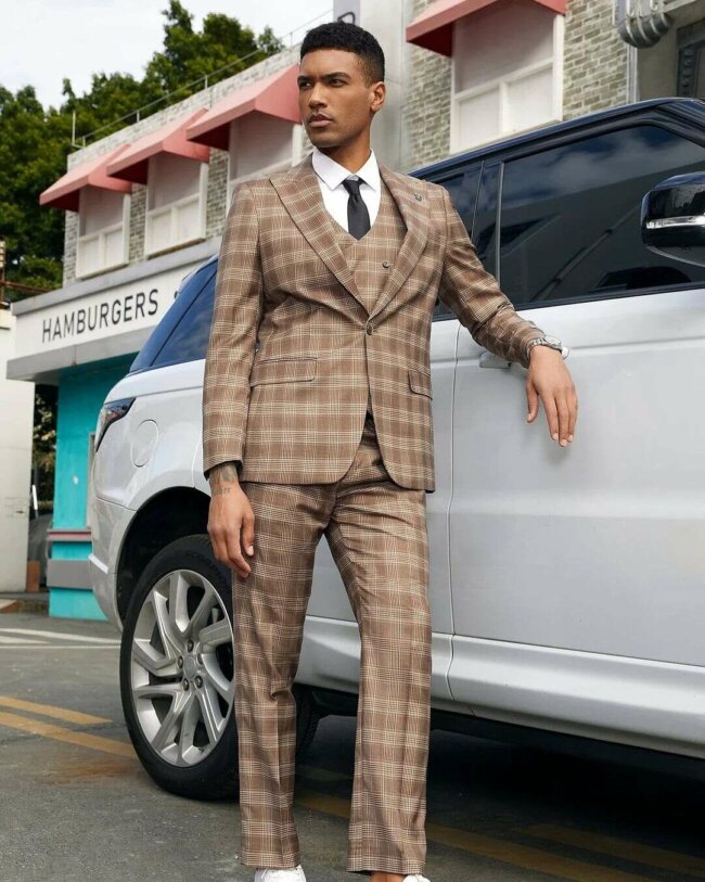 A stylish checkered suit offering a unique formal look. 