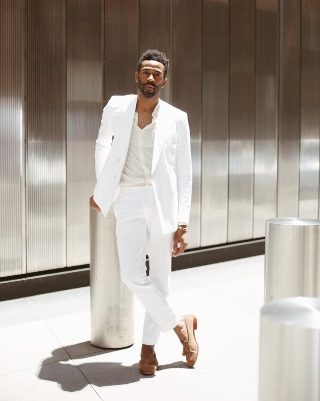 A classy look with a crisp white suit.