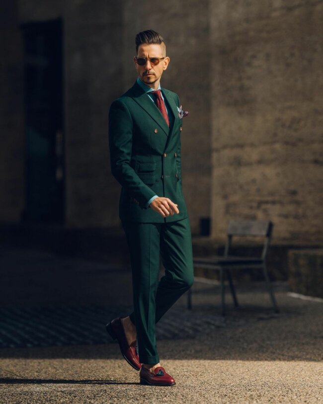 A captivating stylish look with a bright green suit. 
