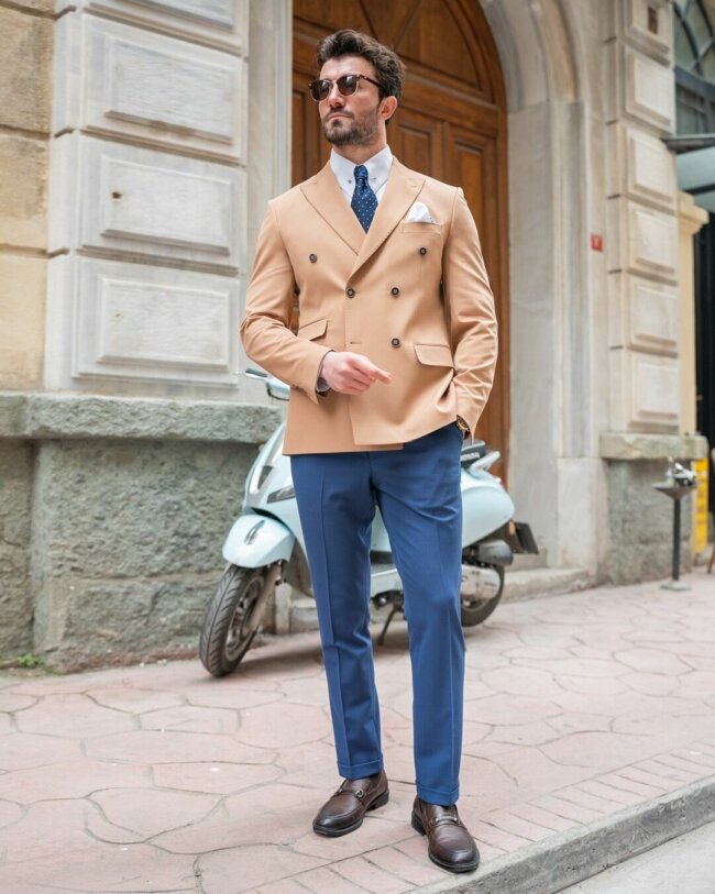 A fine double-breasted blazer offers a unique look. 