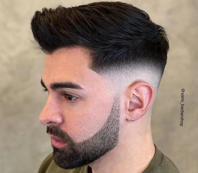 A stylish look with a high-fade with quiff haircut. 