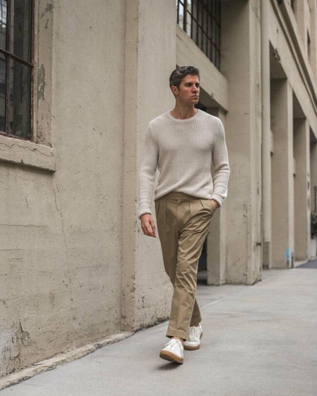A unique summer outfit with lightweight sweater and chinos.