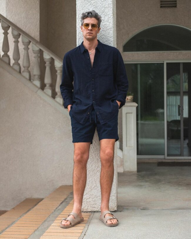 A breathable linen outfit with linen shirt and shorts.