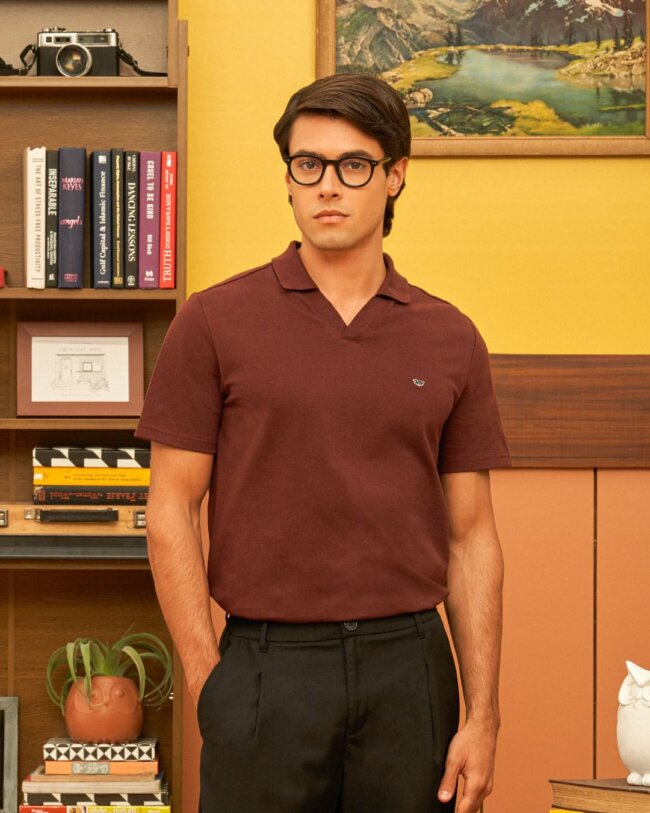 A unique look with a stylish maroon polo.