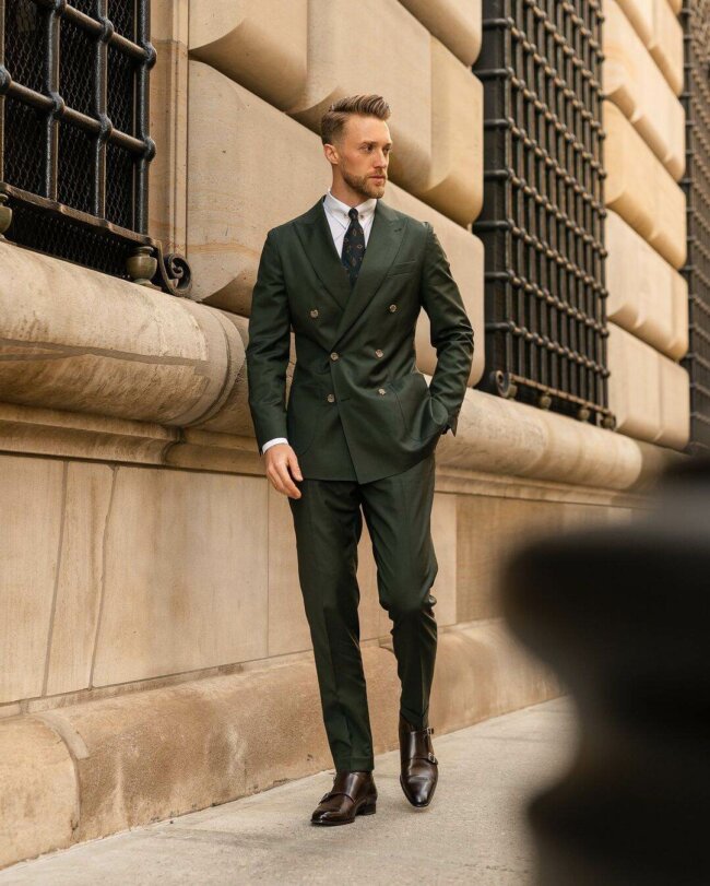 An olive-green suit with its unique hues, perfect for a wedding. 