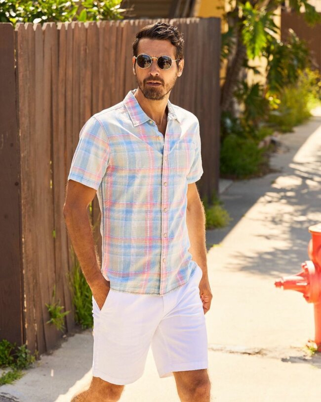 A plaid shirt with interesting hues, making it perfect for summer. 