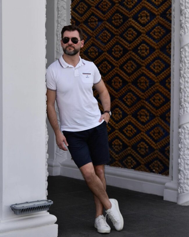 A comfy polo shirt with shorts, offering a refined look.