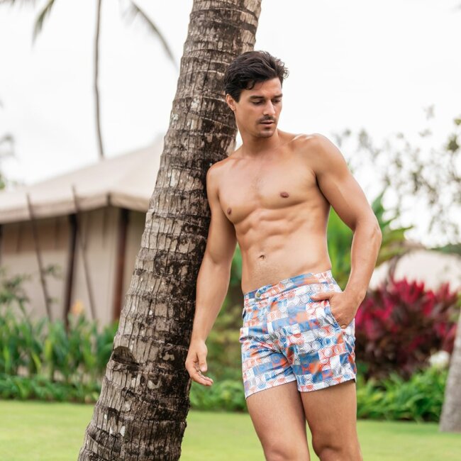 Vibrant swim shorts offer the perfect beach look. 