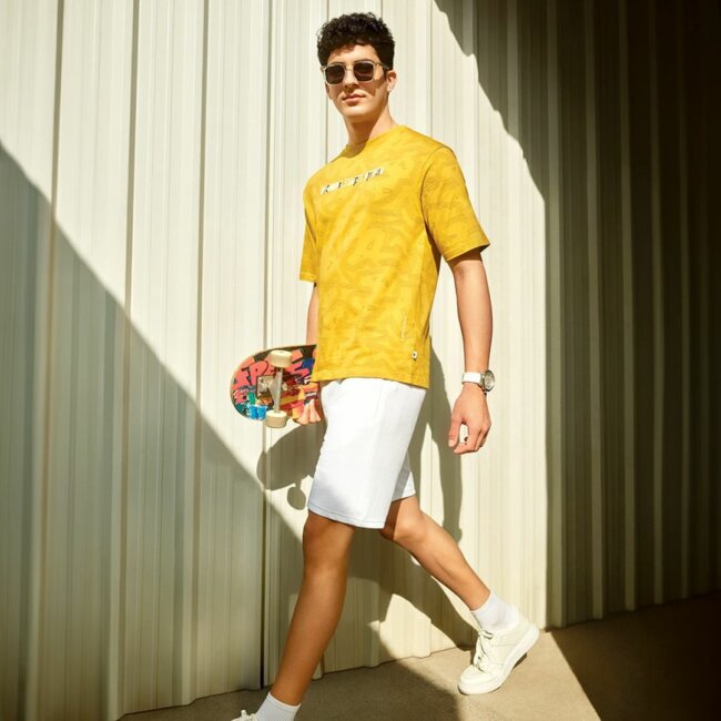 A unique look with skate shorts.