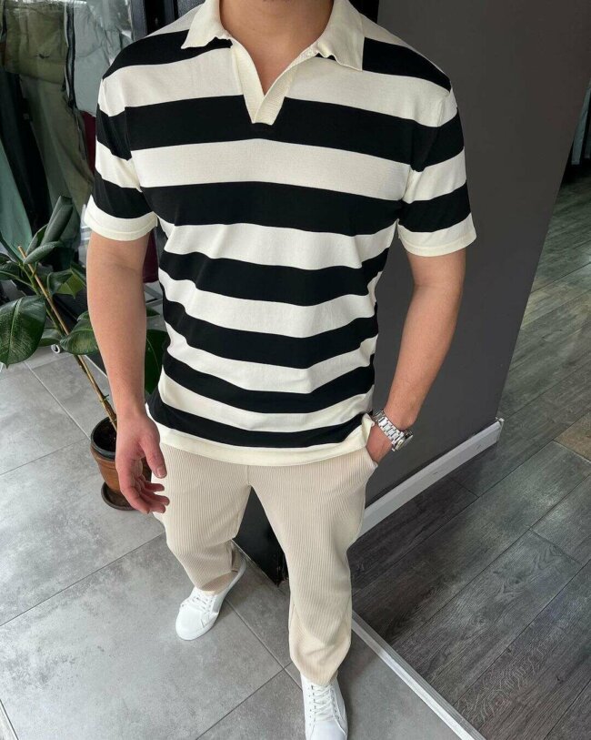 A classy striped shirt offers a great summer look. 