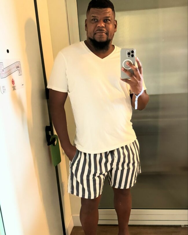 A pair of striped shorts offer a laid-back look.