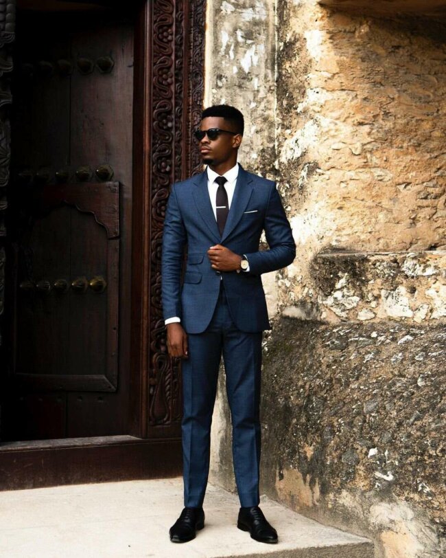 A stylish tailored suit, complementing the wearer's body type. 