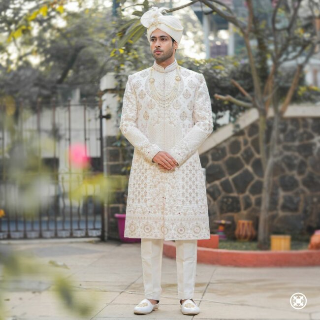 A chic Indian sherwani with light hues, perfect for weddings.