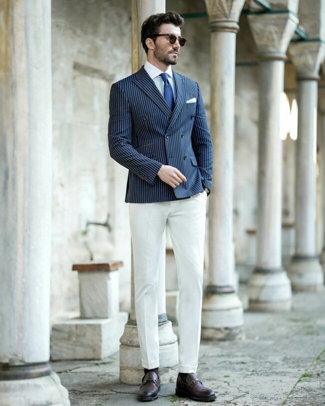 A trendy look with a two-tone suit. 