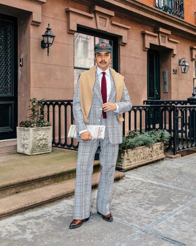 Retro vibes with a patterned suit.