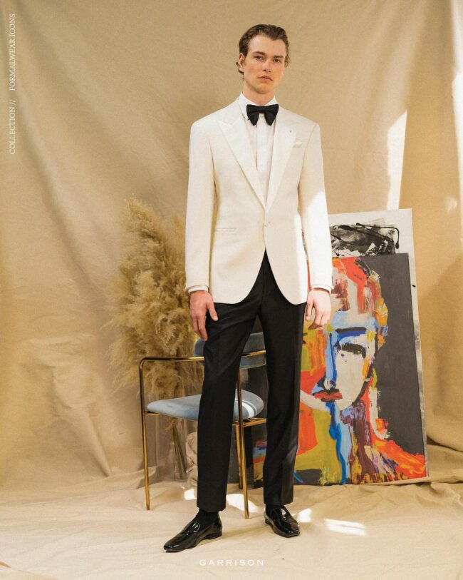 An enchanting outfit featuring a white dinner jacket. 